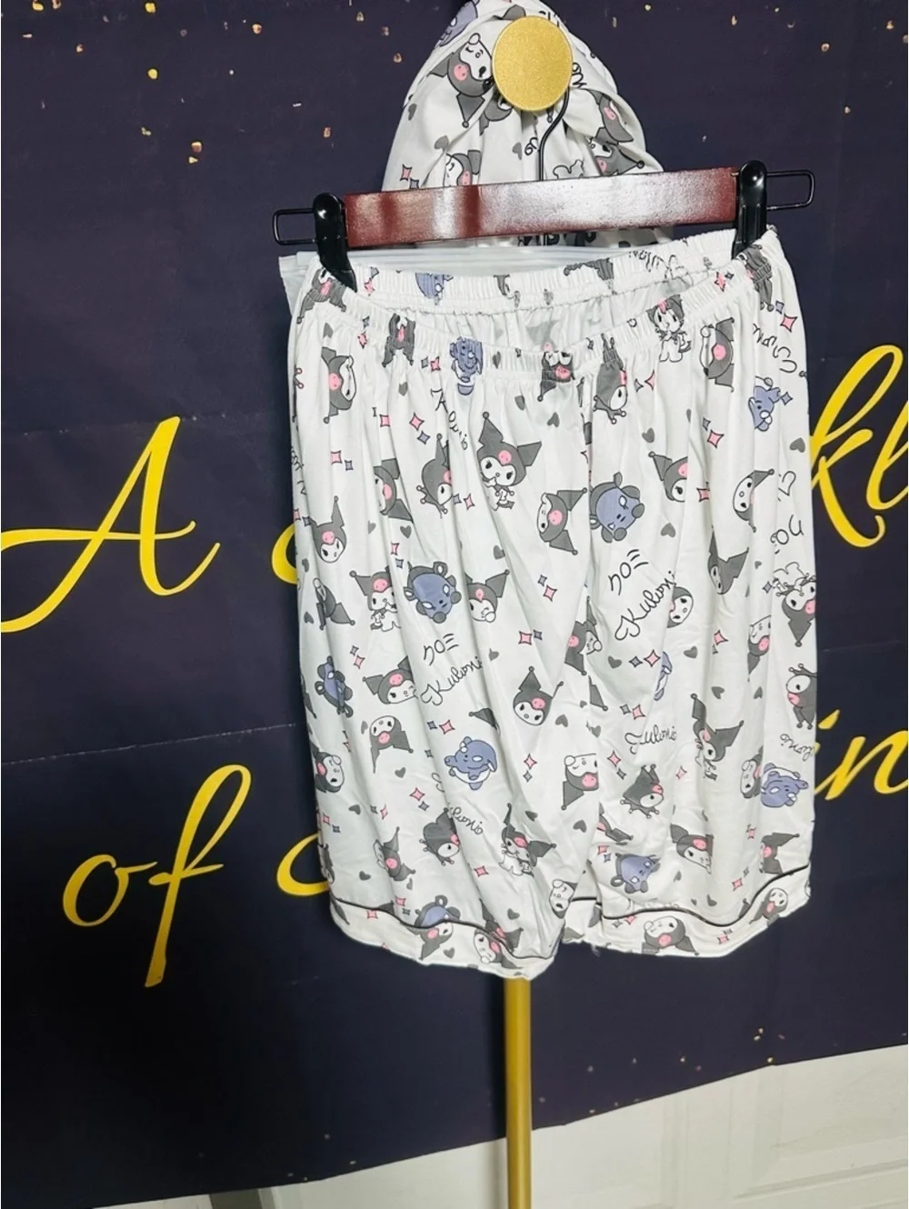 Kumari Womens Large 3 Piece Pajama Set Cat Print Button Top Shorts Pants PJs